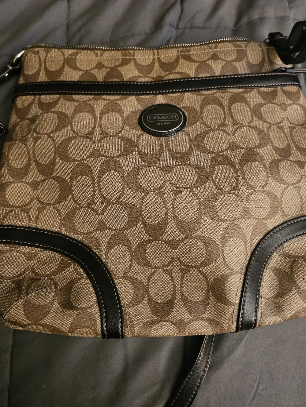 Coach Brown Signature Canvas Crossbody with Black Trim